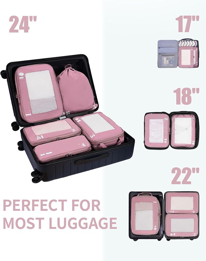 ECOHUB 5 Set Compression Packing Cubes for Suitcases Organiser Bags Set Travel Essentials with Shoe Bag for Traveling Tear-resistant Travel Accessories with ID Tag Expandable Packing Bags(Pink)