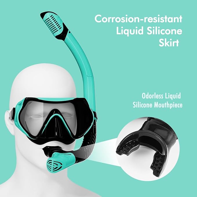Snorkeling Gear for Adults, JRing Snorkel Mask Set with 180 Degree Tempered Glass Anti Fog Goggles Scuba Dry Top Snorkel for Swimming, Scuba Diving Mask for Men Women