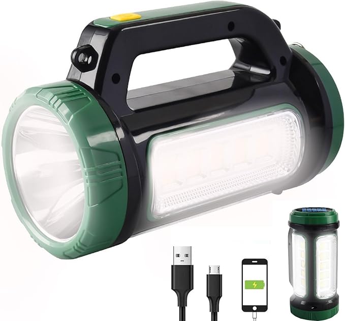 Solar Rechargeable LED Searchlight Spotlights, Super Bright 10000LM Handheld Spotlight Lantern, Multifunctional LED Lamp Camping Work Light, 6 Light Modes, IPX4 Waterproof