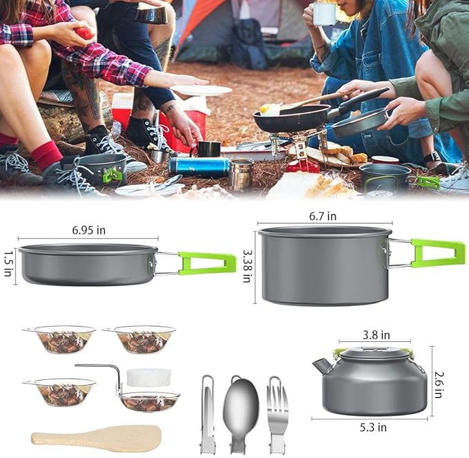 aiGear 3pcs Camping Cookware Mess Kit, Non-Stick Camping Pan Pot Kettle, Lightweight Aluminum, Collapsible Portable Camping Cooking Set for Outdoor Cooking Hiking Picnic