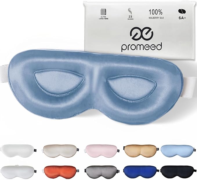 PROMEED Adjustable 23 Momme Mulberry Silk Sleep Mask, 3D Contoured No-Pressure Cup Eye Mask for Sleeping, Super Soft Breathable Blindfold, Perfect Blocks Light for Sleeping (Light Blue)