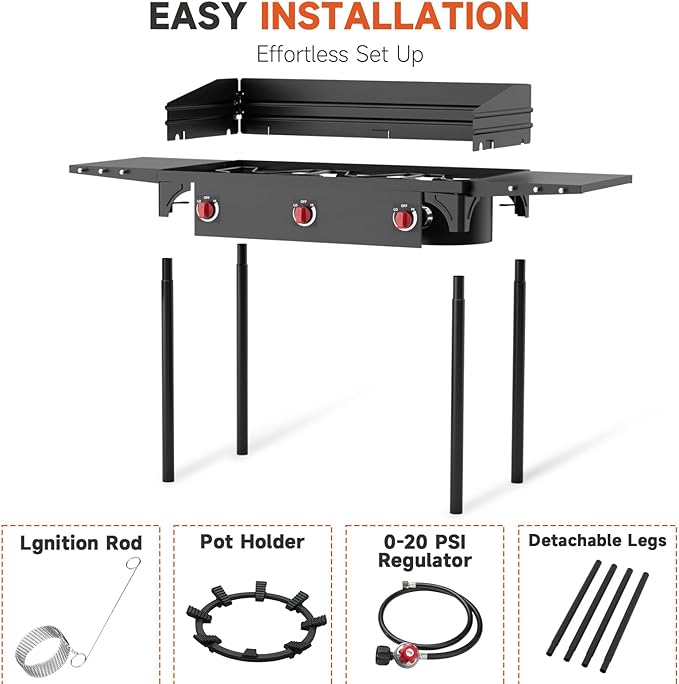 3 Burner Propane Burner, 225,000 BTU High Pressure Propane Stove with Windscreen ＆ Side Shelves, Outdoor Propane Gas Stove with 0-20 PSI Regulator for Camping, Backyard, Outdoor Cooking