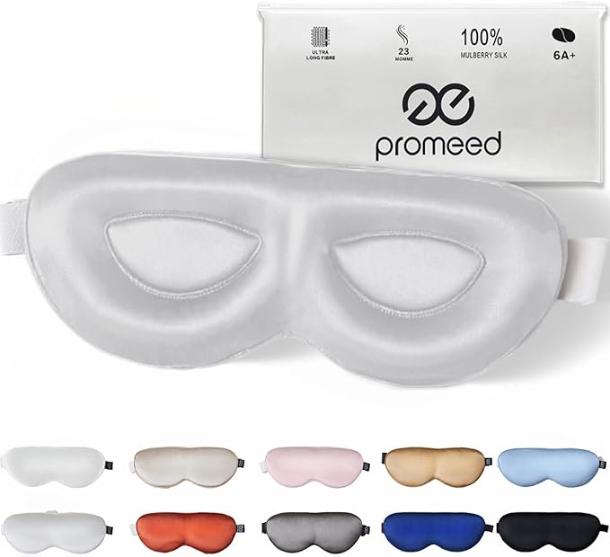 PROMEED Adjustable 23 Momme Mulberry Silk Sleep Mask, 3D Contoured No-Pressure Cup Eye Mask for Sleeping, Super Soft Breathable Blindfold, Perfect Blocks Light for Sleeping (Light Grey)