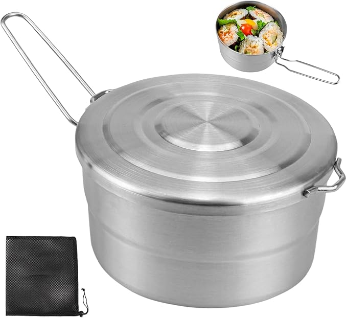 DOERDO Stainless Steel Camping Cook Pot with Lid and Folding Handle, 1.5L Camping Cookware Large Capacity Bento Pot for Outdoor Hiking Picnic