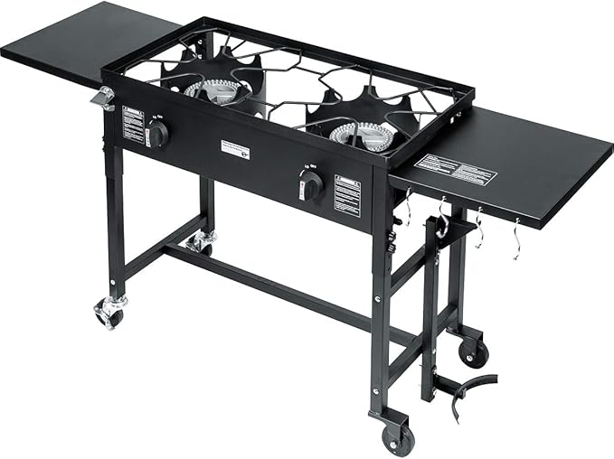 Barton Outdoor Camping Propane Double Burner Stove 2 Folding Cook Cooking Station Stand Picnic BBQ Grill 58,000 BTU, Black