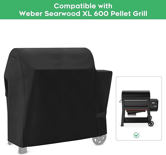 Heavy-Duty 600D Waterproof BBQ Grill Cover fits for Weber Searwood XL 600 Pellet Grill，3400146 Weber Searwood XL 600 Cover, Black