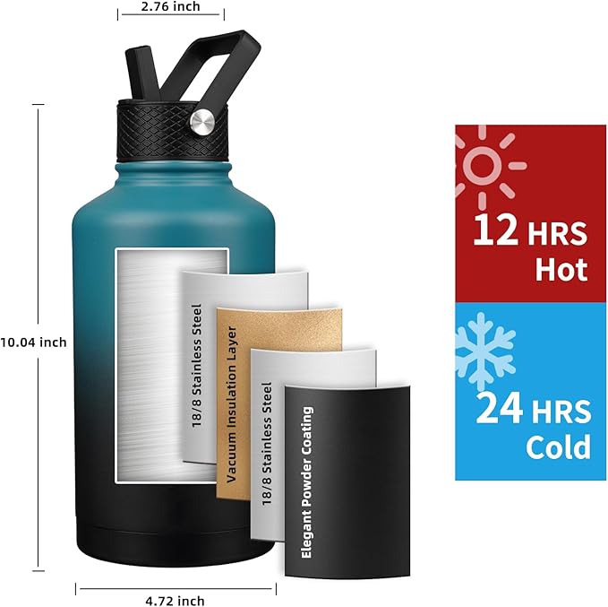 Insulated Water Bottle 64oz,Triple Wall Vacuum Stainless Steel(Dishwasher Safe),Leak Proof & Non-BPA,Flask Jug with Paracord Handle & Straw Spout Lids Sports Gradient indigo blue/black