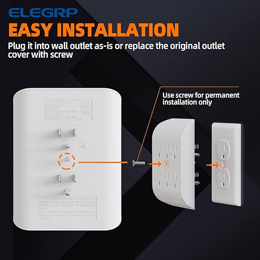 ELEGRP 6-Outlet Extender with Central Anchor, 3-Prong Grounded Wall Tab, Multiple Outlet Extender with 6 Electrical Outlets, ETL Listed, 3 Packs, White