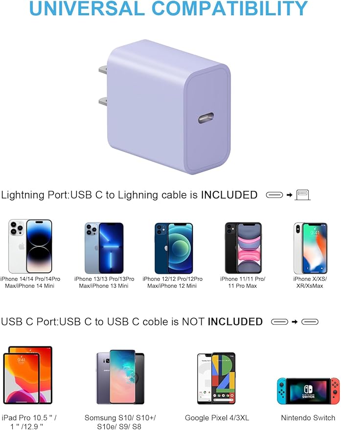 10FT iPhone 14 13 12 Charger Fast Charging 20W PD USB C Wall Charger with 10FT Fast Charging Cable Compatible iPhone 14/13/12/11/Pro/Pro Max/Mini/Xs Max/XR/X, iPad - Purple