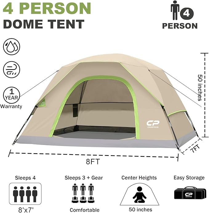 CAMPROS CP Tents for Camping 4 Person Tent Waterproof Windproof Double Layer Camping Tent, Easy Setup Dome Tent with Large Mesh Windows & Wider Door for Outdoor Camping & Hiking