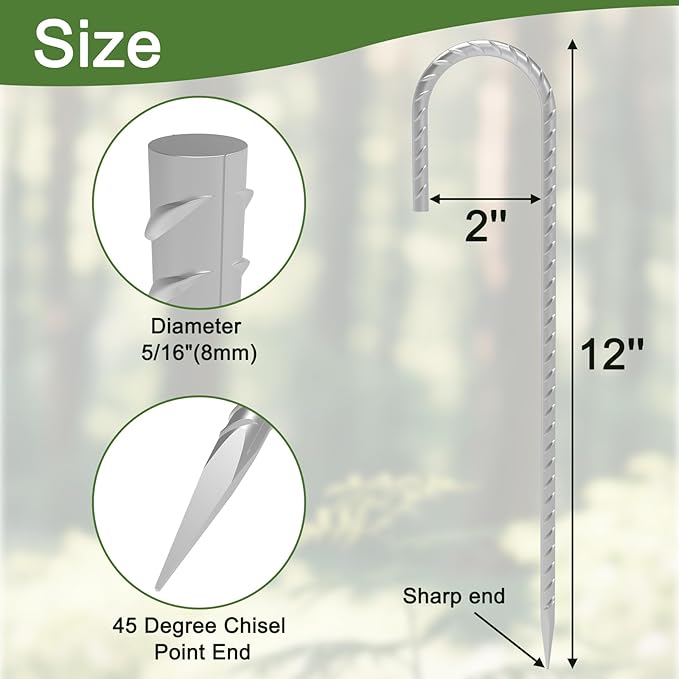 Rebar Stakes 12 Inch, 30 Pack Galvanized Metal Tent Stakes Heavy Duty Ground Stakes, J Hook Steel Fence Stakes for Ground, Outdoor Decoration, Wire Fencing, Gardening