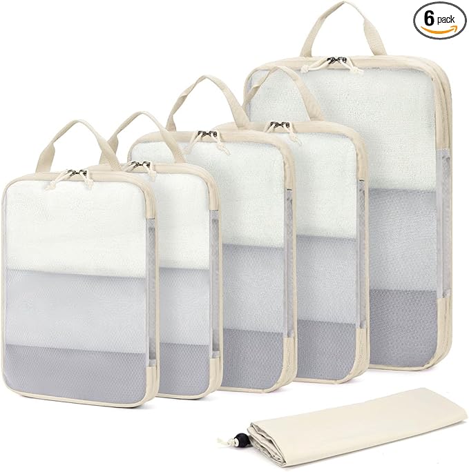 ECOHUB 6 Set Compression Packing Cubes, Lightweight Beach Vacation Travel Essentials Durable Travel Accessories for Suitcase Carry On Luggage Organizer Bags with YKK Zippers Shoe Bag, Beige