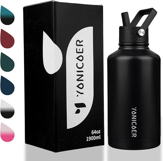 Insulated Water Bottle 64oz,Triple Wall Vacuum Stainless Steel(Dishwasher Safe),Leak Proof & Non-BPA,Flask Jug with Paracord Handle & Straw Spout Lids Sports Black