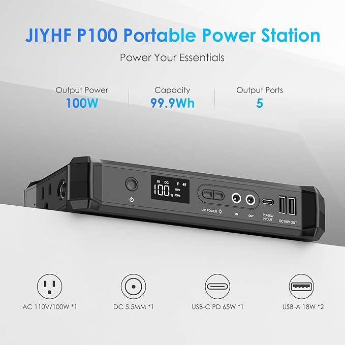 JIYHF Portable Power Bank with AC Outlet - 99.9Wh Laptop Charger & Backup Power, 100W AC + 65W USB-C PD Fast Charging for Travel, Home & Outdoor, Emergency Use(FAA Compliant)