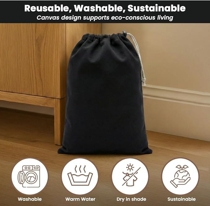 LFH Cotton Rich Shoe Storage Bags with Drawstring, Dustproof Breathable Reusable Organizer, Perfect For Travel, Dorm, Hotel, College, Gym, Machine Washable 12"x17" (Pack of 4) - Black sand