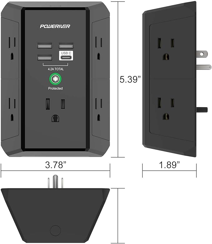Multi Outlet Extender Surge Protector - POWERIVER Multi Plug Wall Outlet with 5 AC Outlets and 4 USB Ports(1USB C), 1680 Joules, Outlet Splitter for Home School Office, ETL, Black