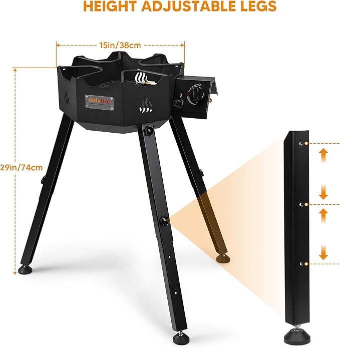ONLYFIRE Portable Gas Burner with Adjustable Removable Legs, Propane Camping Stove for Backyard RV Tailgating Outdoor Cooking, works for Wok, Skillet, Frying Pan, Pot, 4FT Hose, 65000BTU, GS301