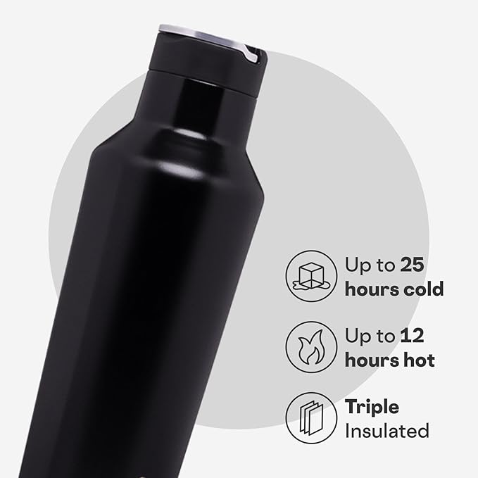 Corkcicle Sport Canteen - Keeps Drinks Cold 25 Hours - Stainless Steel Water Bottle - Triple-Insulated - Spill-Proof - Summer Drinkware Gift - Keeps Drinks Ice Cold - 20 oz - Gloss Black