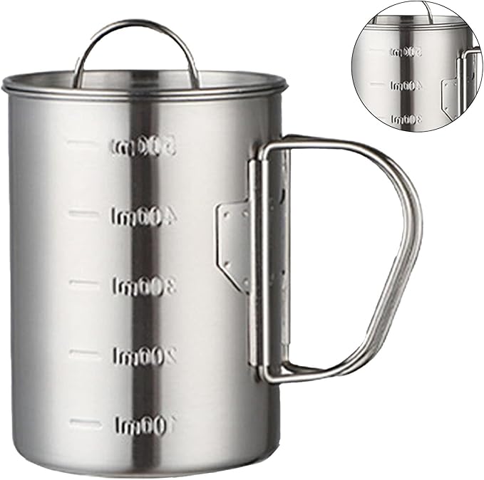 Stainless Steel Camping Cup, 17oz Fireproof Metal Cup with Lid and Foldable Handle, High Temperature Direct Heating, Great for Backpacking
