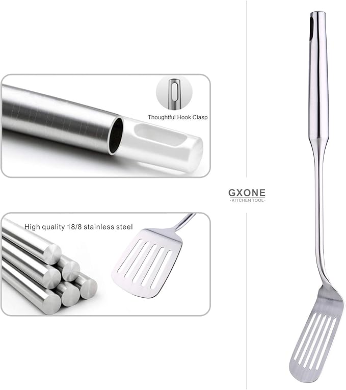 Stainless Steel Slotted Spatula,Cooking Utensil For Kitchen Use With Hollow Handle,Silver/14.9Inch