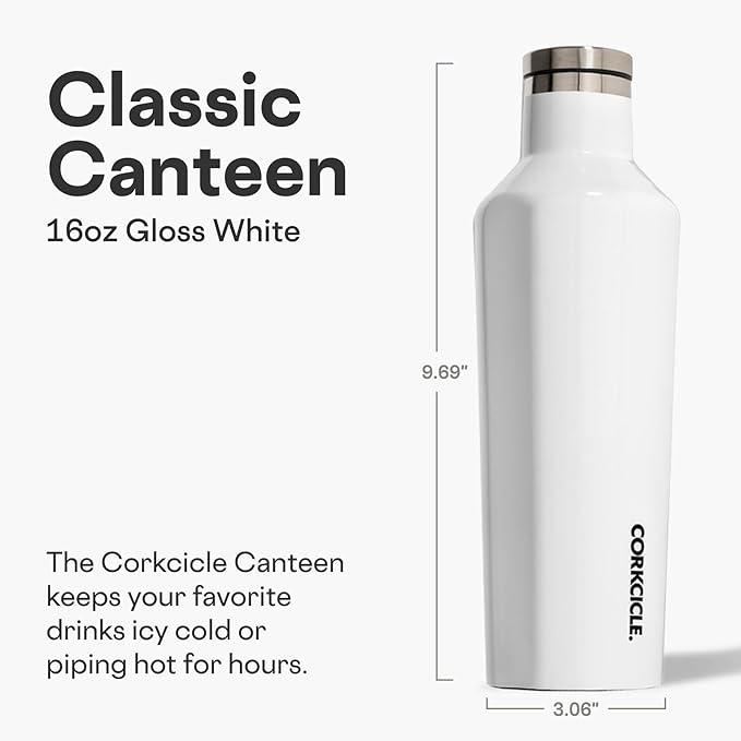 Corkcicle Classic Canteen Insulated Water Bottle - Stainless Steel Reusable Tumbler - Triple Insulated - Keeps Drinks Cold 25 Hours or Hot 12 Hours - Cupholder Friendly - Gloss White - 16 oz