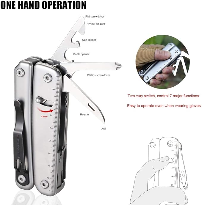 ROXON S803E Elite Flash Multitool with 20 functions including strong pliers, Flint Rod, full-size lockable blades for Outdoor Essential Survival Tool (D2 Blade)