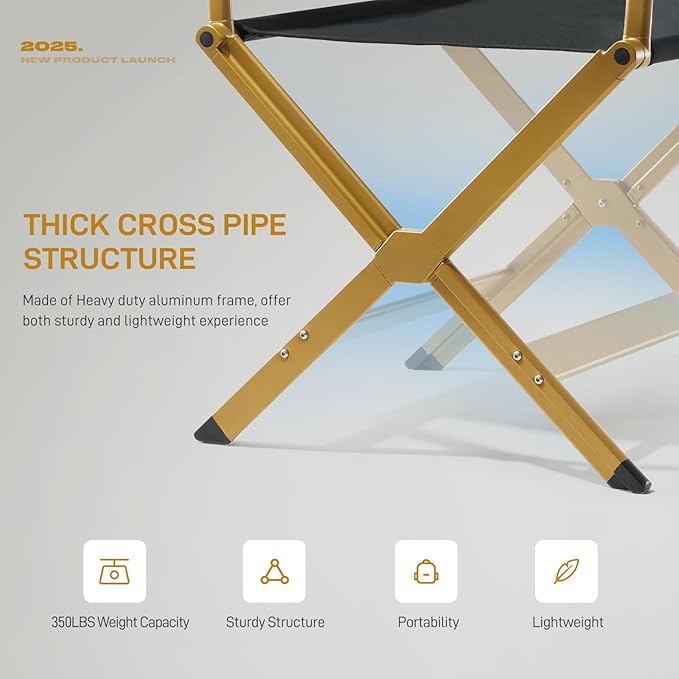 EVER ADVANCED Aluminum Directors Chair, Folding Studio Movie Chairs Camping Event Vendor Chair, 19" Seat Height Black Fabric/Golden Frame, Support 350lbs