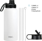 DRINCO Stainless Steel Water Bottle Spout Lid Vacuum Insulated Double Wall Water Bottle Wide Mouth (40oz 32oz 22oz 18oz 14oz) Leak Proof Keeps Cold or Hot (32 oz, 32oz Artic White)