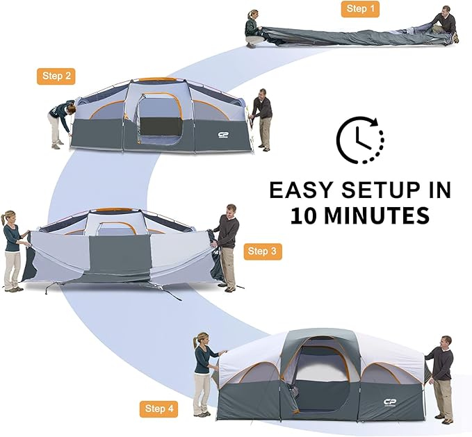 CAMPROS CP Tent 8 Person Camping Tents, Weather Resistant Family Tent, 5 Large Mesh Windows, Double Layer, Divided Curtain for Separated Room, Portable with Carry Bag