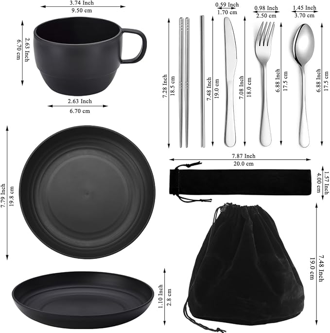 Camping Essentials Set, HOMQUEN Camping Plates and Bowls Set, Coffee Mug, Travel Cutlery Set Include Spoon, Fork, Knife for Work, Outdoor,Picnic, Camp （Black）