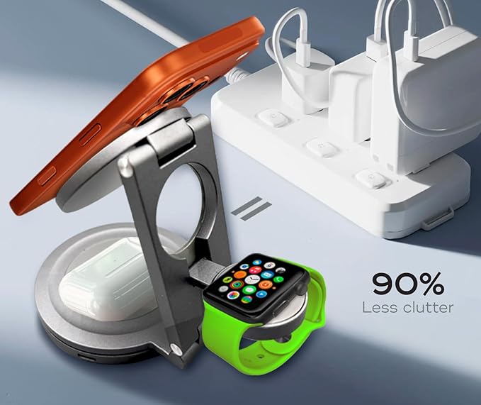 3 in 1 Magnetic Wireless Charger Station for Apple Devices, MagSafe iPhone & Watch, Earbuds Dock, Ultra-Slim Foldable Stand, 360° Adjustable, USB-C & Charging Cube, Travel-Ready.