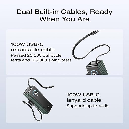 EF ECOFLOW Rapid Power Bank, 25,000mAh, 170W, 100W Built-in and Retractable Cables, Portable Charger with Triple 100W USB-C Port, Compatible with iPhone Series, Samsung, Laptop and More, Green