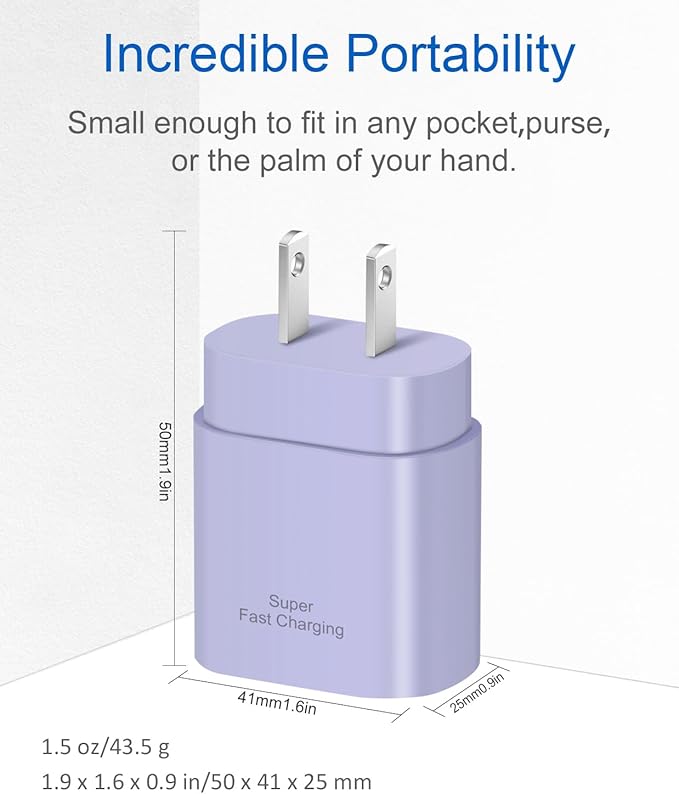 Type C Charger Fast Charging for iPhone 17 16 15,10FT USB C Samsung Chargers Block 25W Super Fast Chargers for Samsung Galaxy S25/S24 S23/iPhone Air/17/17 Pro Max/iPhone 16/16 Pro Max/15 Pro(Purple)