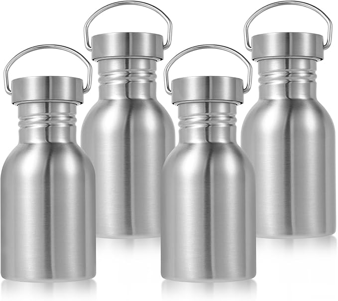 Volhoply 12oz Stainless Steel Water Bottle with Handle 4 Pack,Non Insulated Single Wall, Dishwasher Safe No Plastic 18/8 304 Metal Water Bottles with Wide Mouth for Camping, Hikers, Cyclists
