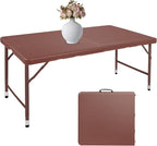 4 FT Folding Table with Carry Handle, Portable Fold-in-Half Plastic Table, Rectangle Foldable Table for Indoor/Outdoor Brown