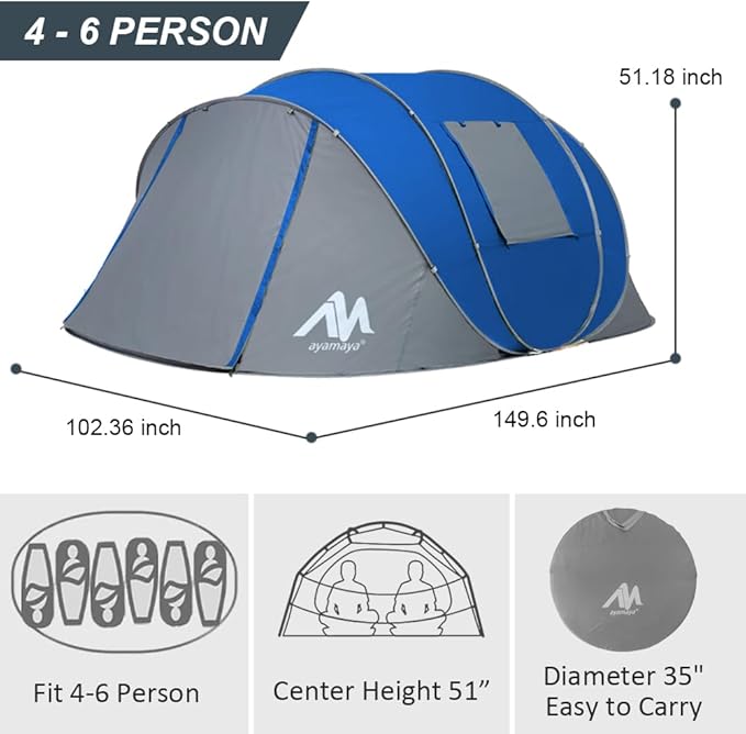 6 Person Easy Pop Up Tents for Camping - AYAMAYA Double Layer Waterproof Instant Tent with Vestibule & Porch, Large Size Family Tent Automatic Setup for 4-6 People Camping Hiking (Poles Included)
