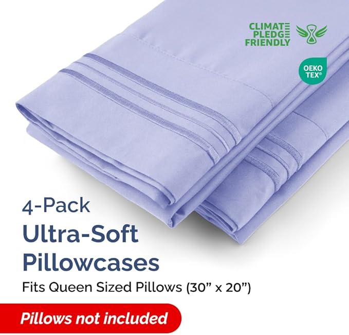 CGK Unlimited Queen Size Lavender Pillow Cover Bedding Set of 4 - Soft, Premium Quality Microfiber Pillowcases for Machine Washing - 20x40, 20x36 & 20x48 Inch Pillows
