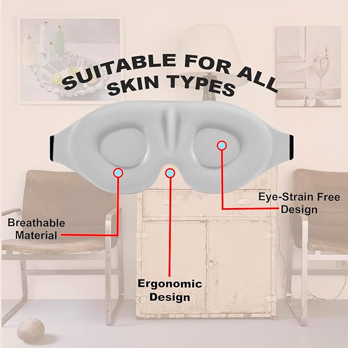 Luxury Sleep Mask – Pack of 2 Ultra-Soft Silk Eye Covers with Adjustable Strap & Soft Ear Loops, 3D Contoured Light Blocking Sleeping Mask for Travel, Naps & Relaxation(Black & Gray)