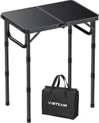 VINTEAM Camping Folding Table with Adjustable Height, Lightweight Portable Outdoor Picnic Table, BBQ Grill Side Table, Durable Aluminum Frame, MDF Desktop for Camping, Fishing, RV, Beach (Black)