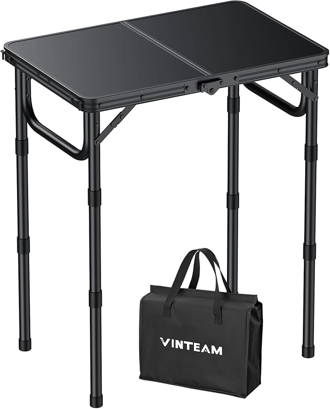 VINTEAM Camping Folding Table with Adjustable Height, Lightweight Portable Outdoor Picnic Table, BBQ Grill Side Table, Durable Aluminum Frame, MDF Desktop for Camping, Fishing, RV, Beach (Black)