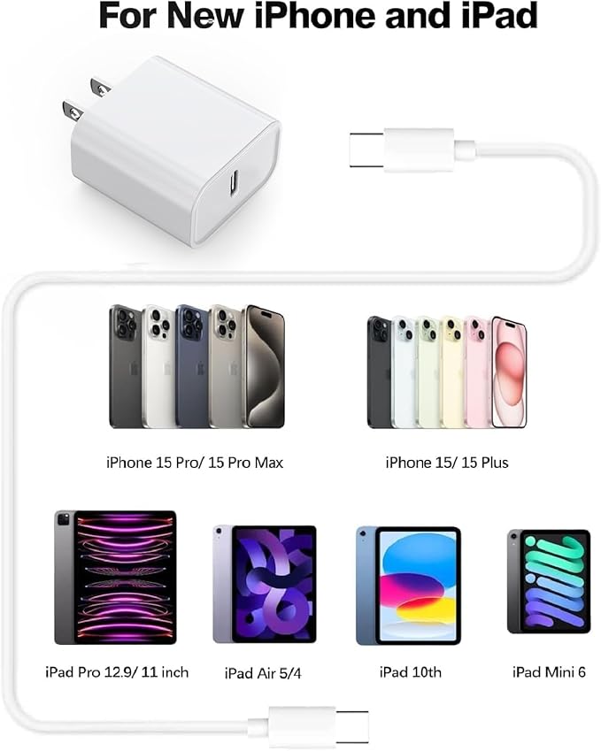 10Foot USB C Charger for iPhone 16 Charger, 2Pack 20W Type C Charging Block Long 10FT USB C Cord Cable Fast Charging for Apple iPhone 16/16e/16 Pro/16 Plus/16 Pro Max/15/15 Plus, iPad mini/iPad Air