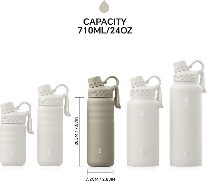 IDEUS Insulated Stainless Steel Water Bottle with 2 Leak-Proof Lids, Thermal Water Flask for Hiking Biking, 24oz, Celadon