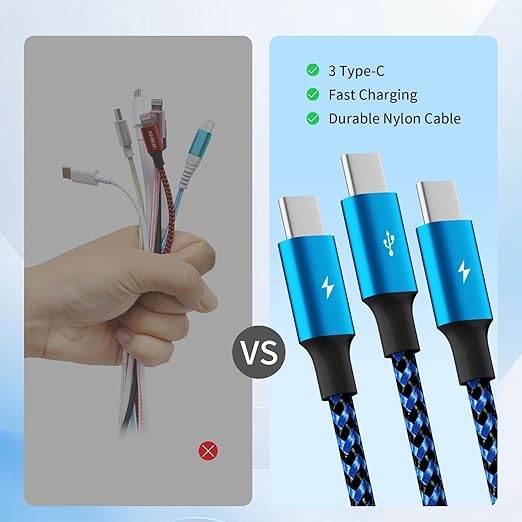 USB C Splitter Cables, Nylon Braided Multi Charging Cable, USB A to USB C Cable with 3 Type C Compatible with iPhone 16/15 Series, iPad Pro,‌ Galaxy S Series with Most Phones and More (2Pack 5FT)