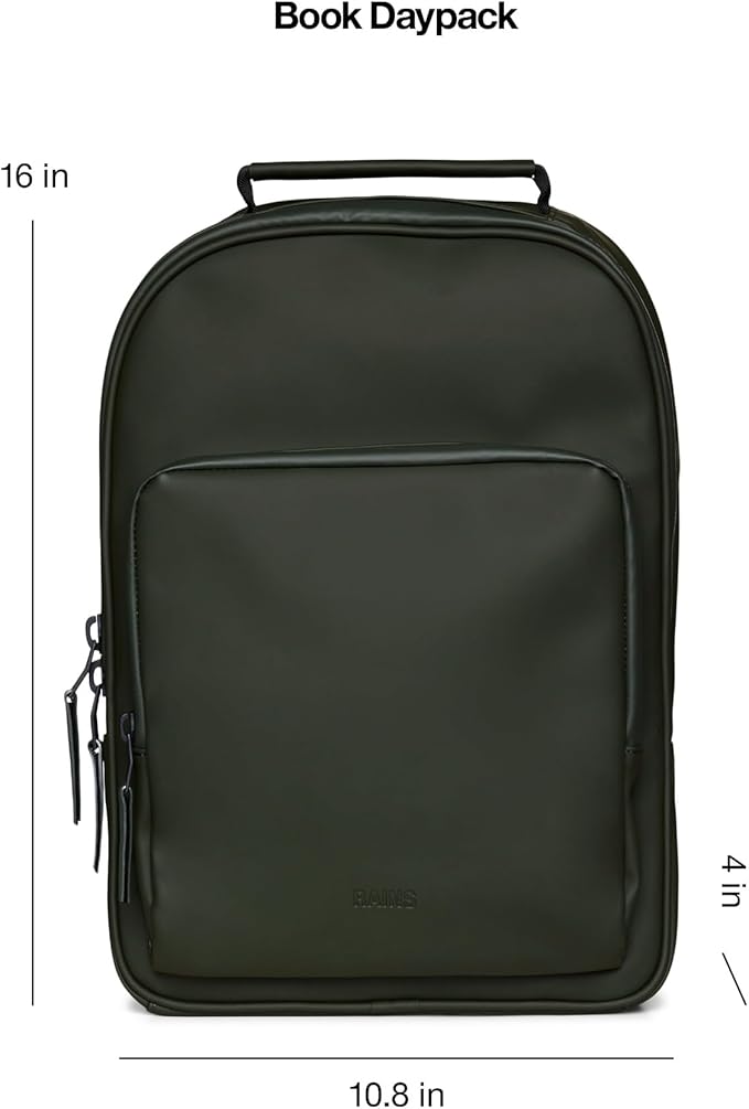 RAINS Book Daypack - Green Laptop Backpack for Men and Women, Waterproof Black Minimalist Commuter Bag with 15” Laptop Room, Front Zip Pocket - 2 Year Warranty