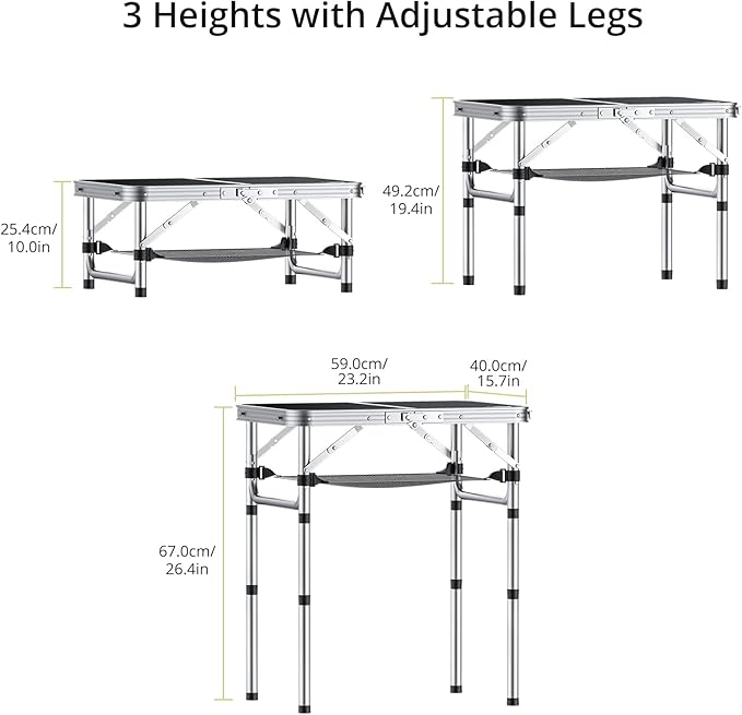 2ft Camping Table Foldable, 3 Adjustable Heights 26.3" Aluminum Small Folding Table with Storage Net, Lightweight, Portable Handle for Travel Outdoor Beach Picnic, 23.2" x 16", Black