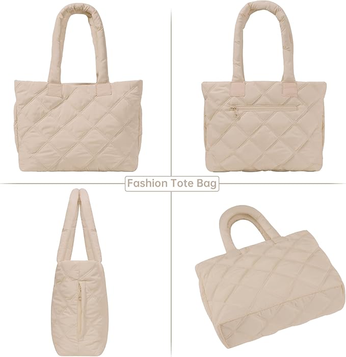 Puffer Tote Bag for Women, Quilted Bag with Zipper, Small Tote HandBags for Work, Travel