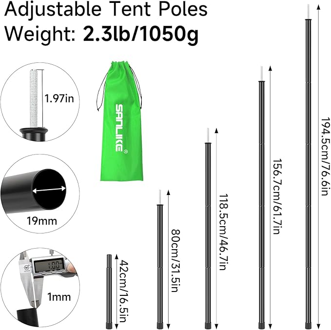 SAN LIKE Tent Poles Iron Camping Tarp Poles 76.6in Telescoping Tarp Tent Poles Adjustable Collapsible Tent Poles Canopy Rain Awning Shelter Backpacking Hiking (5 Sections)