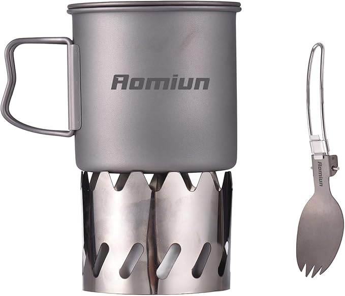 Titanium Camping Cookware Cup/Burner Combination 500ml Titanium Cup with Foldable Handle & Lid Spork Spoon Alcohol Stove Windscreen, Camping Cooking Stove and Cup Set for Backpacking