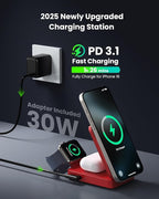 3-in-1 Wireless Charger Charging Station for iPhone, 15W Fast Charging Foldable Magnetic Charger Stand with 30W USB C Adapter for MagSafe iPhone 16/15/14/13/12, Apple Watch, AirPods