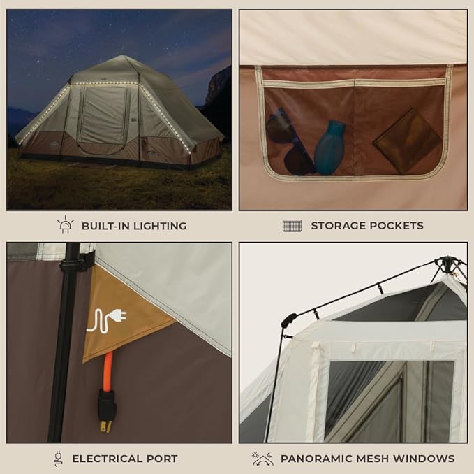 CORE Instant Cabin Tent with LED Lights | Large Family Lighted Pop Up Tent with Carry Bag for Camping, Glamping, and Backyard Adventures | Included Storage Pockets for Camp Accessories